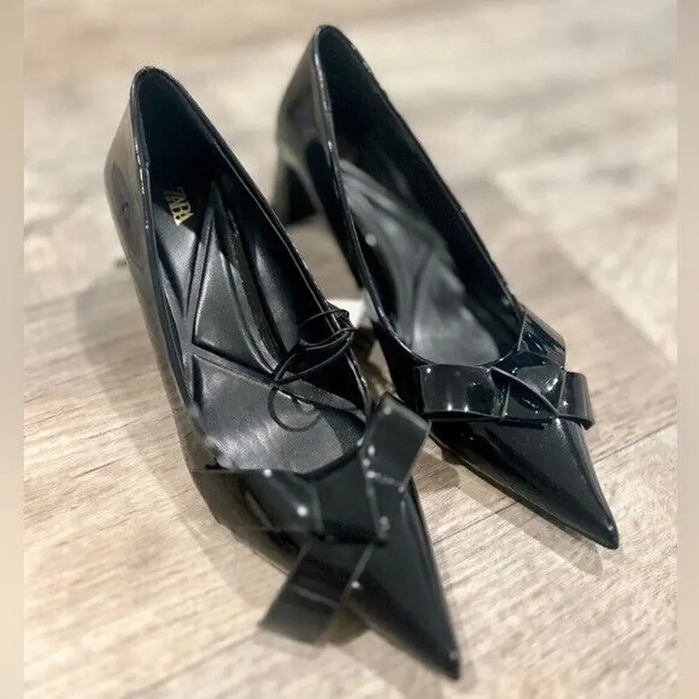 ZARA Black Patent Bow Pumps Pointed Toe Block Heel Office Shoes NWT 6.5